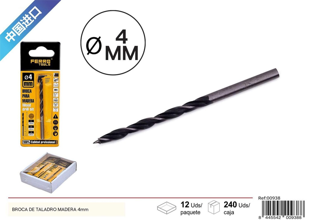 Broca de taladro para madera 4 mm - Herramientas para ferretería
