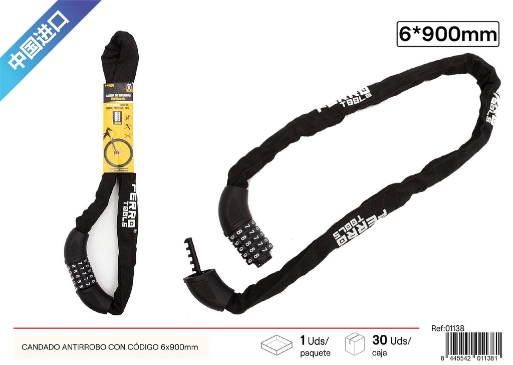 Candado antirrobo con código 6x900 mm - Accesorios de bicicleta