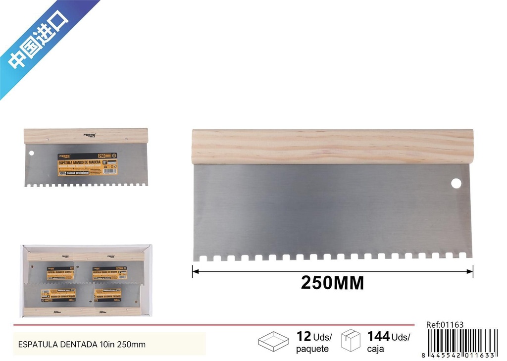 Espátula dentada de 10" de mango de madera - Herramienta de albañilería