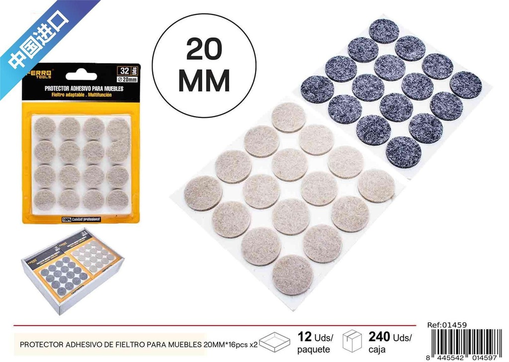 Protector Adhesivo de Fieltro para Muebles 20mm 16 pcs x 2 - Ferretería