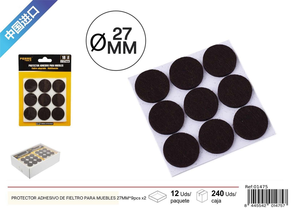 Protector adhesivo de fieltro redondo para muebles 27MM - 9 pcs x2, marrón, material para muebles