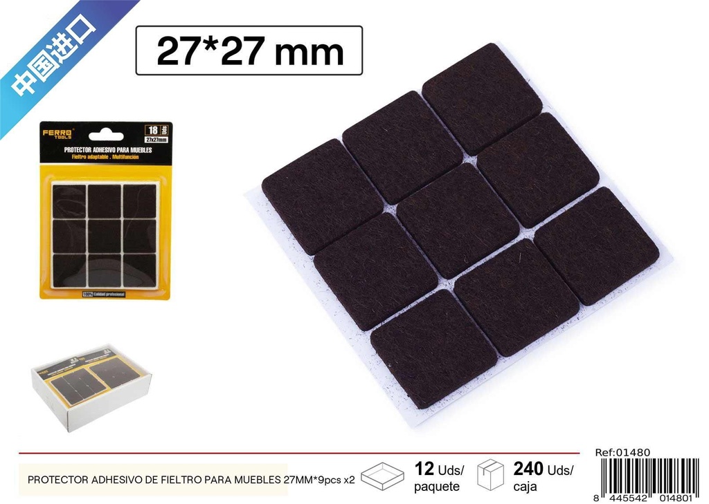 Protector adhesivo de fieltro cuadrado para muebles 27MM - 9 pcs x2, marrón, material para muebles