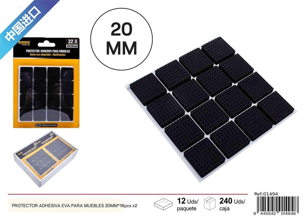 Protector adhesivo de EVA cuadrado para muebles 20MM - 16 pcs x2, material para muebles