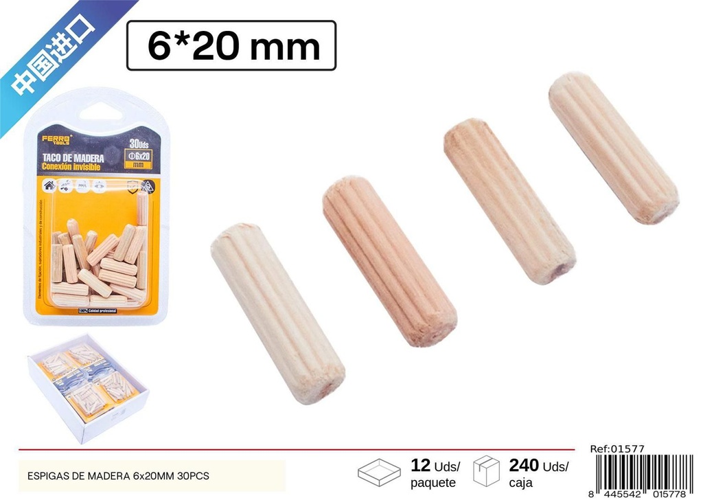 Espigas de madera 6x20 mm 30 piezas - Accesorios para muebles