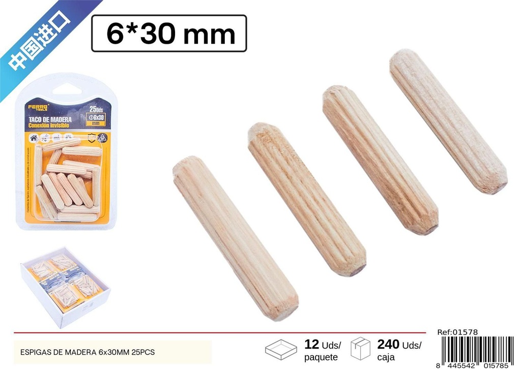 Espigas de madera 6x30mm 25PCS - Accesorios para muebles