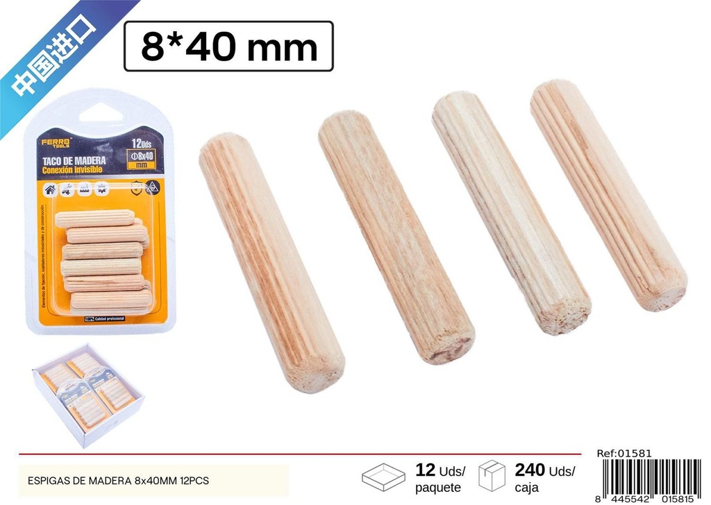Espigas de madera 8x40 mm 12 piezas - Accesorios para muebles