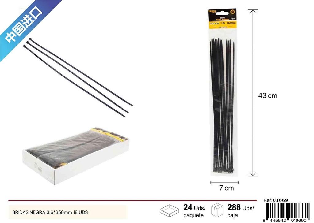 Bridas negras 3.6x350 mm 18 piezas - Accesorios de ferretería