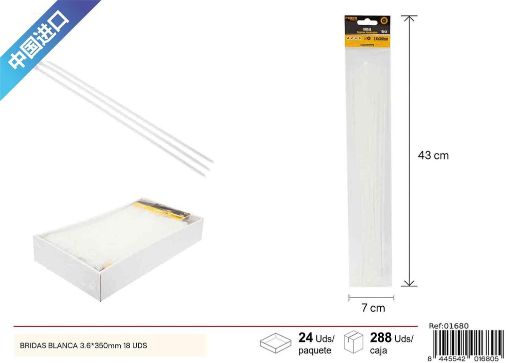 Bridas blancas 3.6x350 mm 18 piezas - Accesorios de ferretería