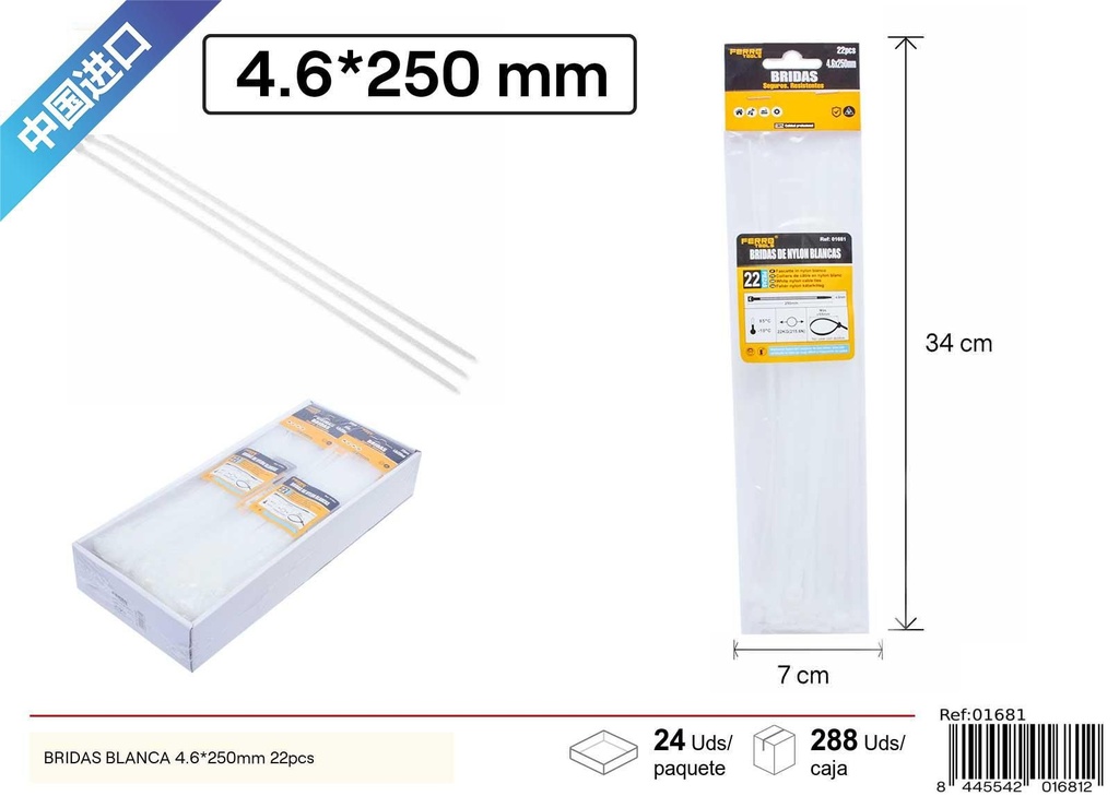 Bridas blancas 4.6x250 mm 22 uds - Accesorios de ferretería