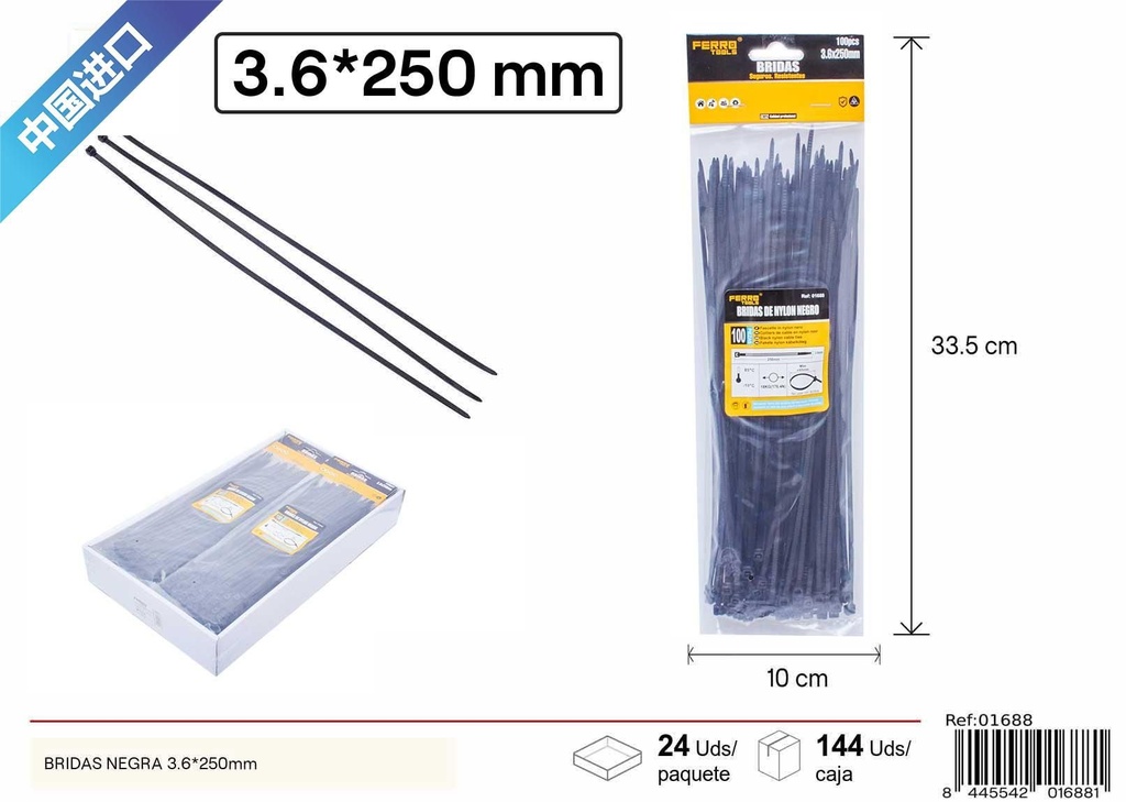 Bridas negras nylon 100pcs 3.6*250mm - Accesorios de ferretería