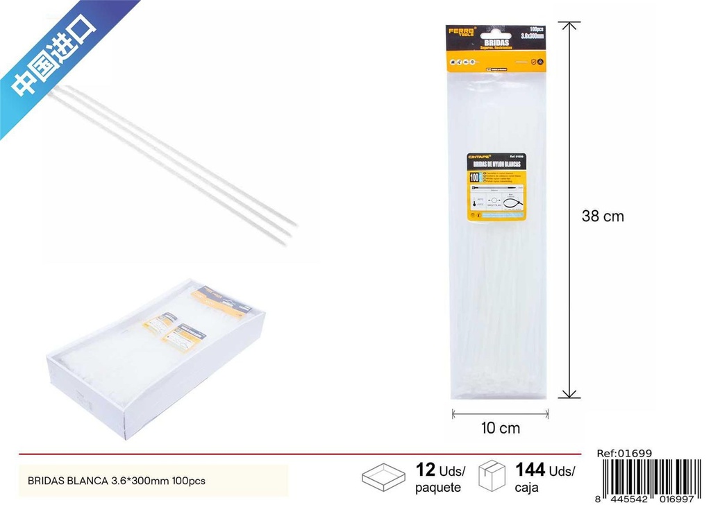 Bridas blancas 3.6*300mm (100 pcs) - Accesorios de ferretería