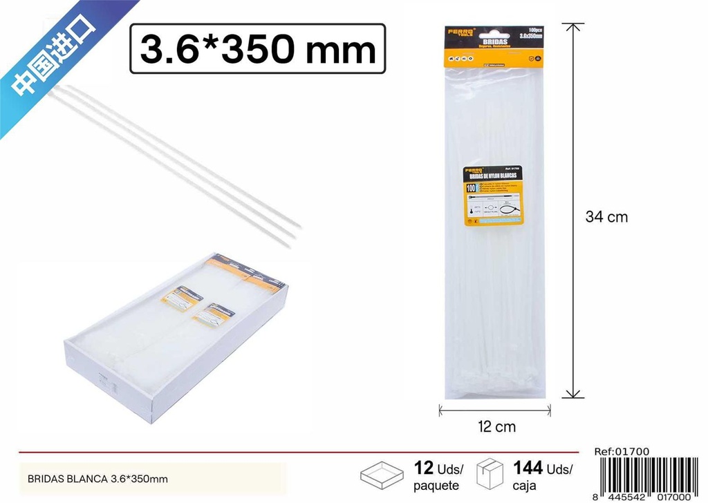 Bridas de nylon blancas 100pcs 3.6x350mm - Ferretería