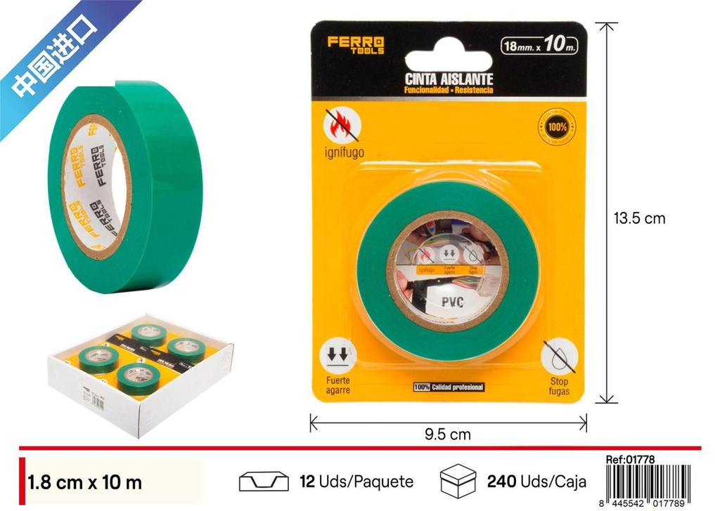 Cinta aislante verde 18mm*10M - Herramientas de ferretería