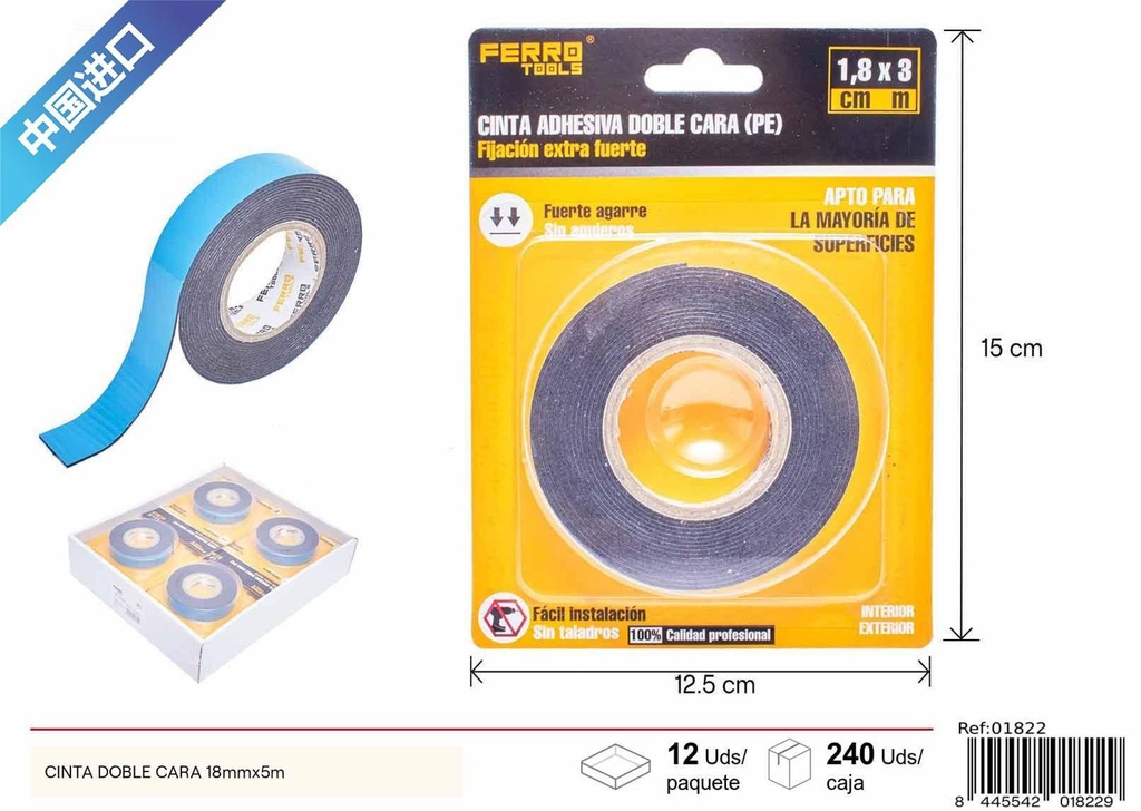 Adhesivo doble cara PE azul con espuma negra 1 mm de grosor 18mm*5M - Herramientas de ferretería