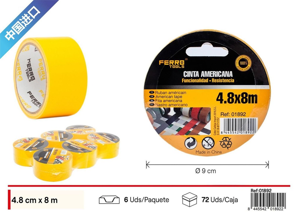 Cinta adhesiva americana amarilla 4.8*8M - Herramientas de ferretería