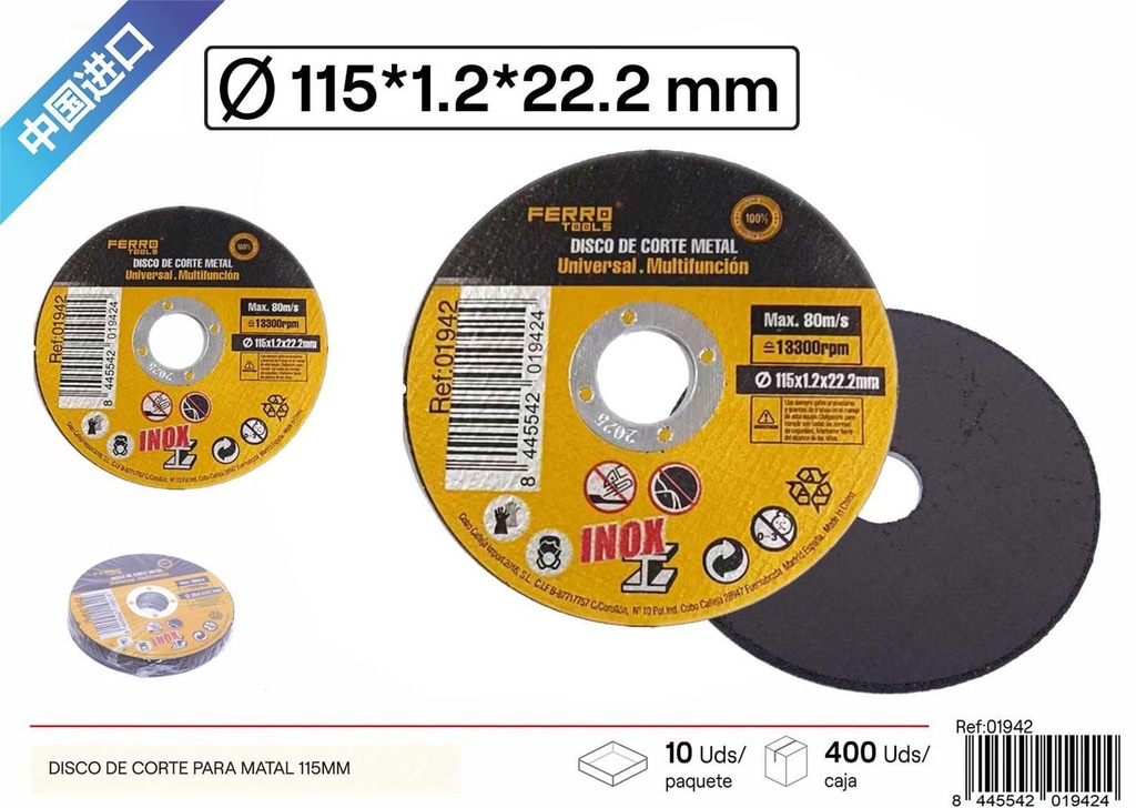 Disco de corte para inox 115*1.2*22.23 mm - Herramientas de ferretería
