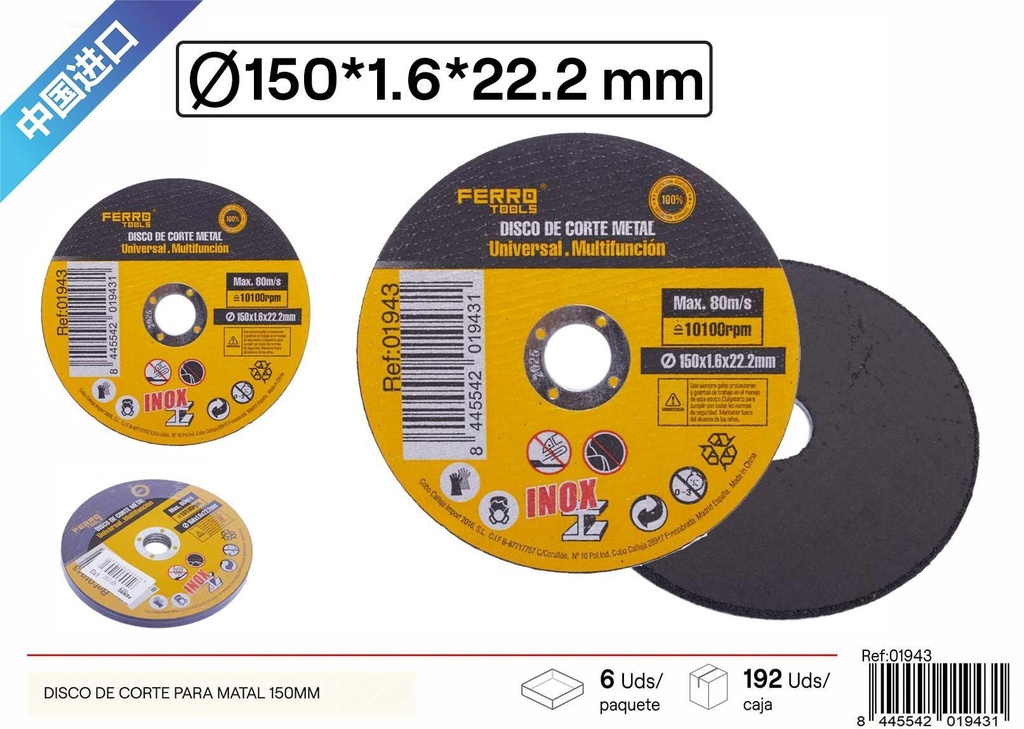 Disco de Corte para Inox 150mm - Herramientas Metálicas