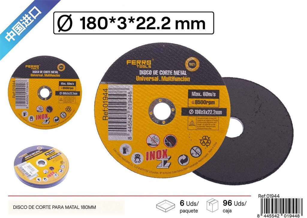 Disco de corte para metal inoxidable 180*3*22.2mm - Herramientas de ferretería