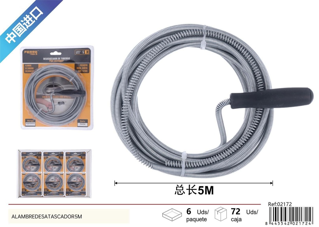 Desatascador de alambre 5m - Accesorios de ferretería