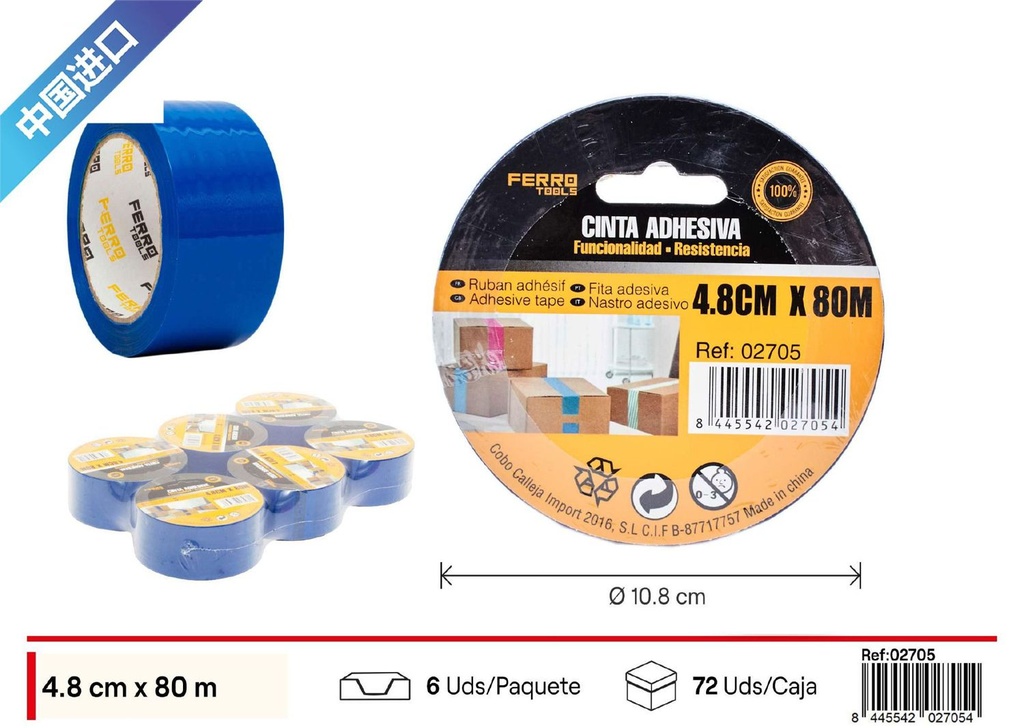 Cinta adhesiva azul 4.8 cm*80 m - Ferretería y herramientas