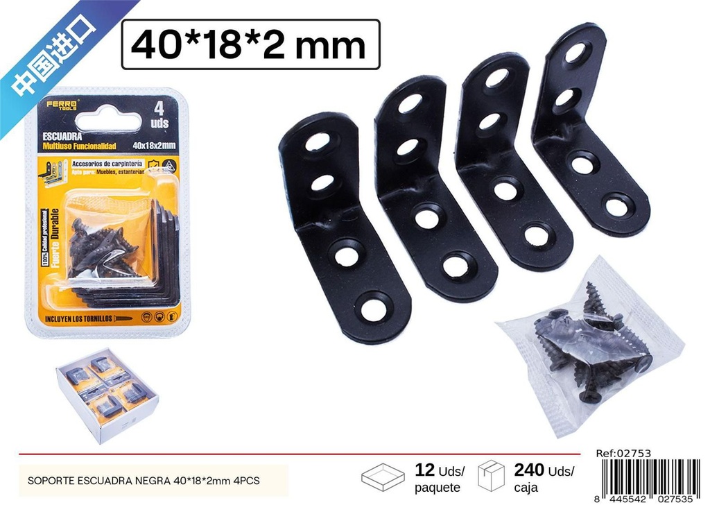  Soporte escuadra negra 40*18*2 mm 4 pcs - Accesorios de ferretería