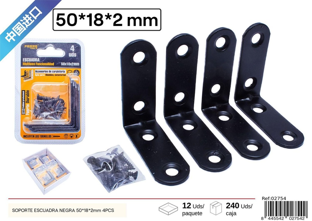 Sopote escuadra negra 50*18*2mm (4 pcs) - Ferretería y herrajes