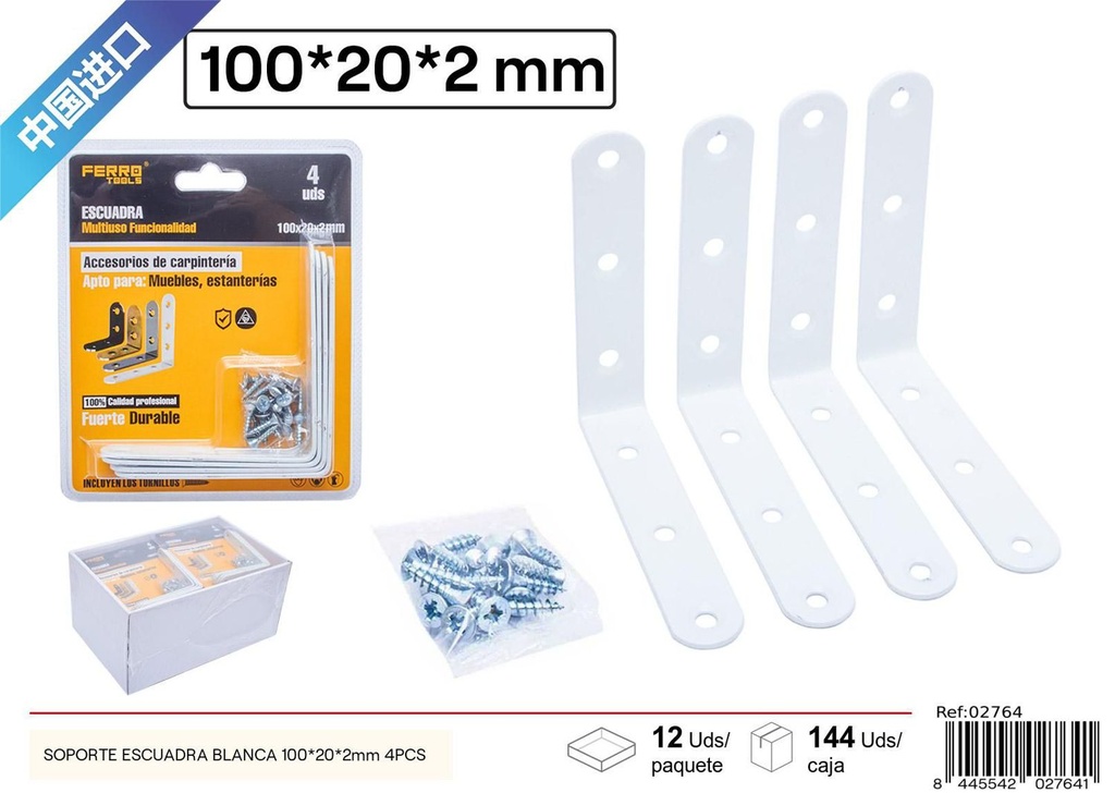 SOPORTE ESCUADRA BLANCA 100x20x2mm 4UDS - Ferretería