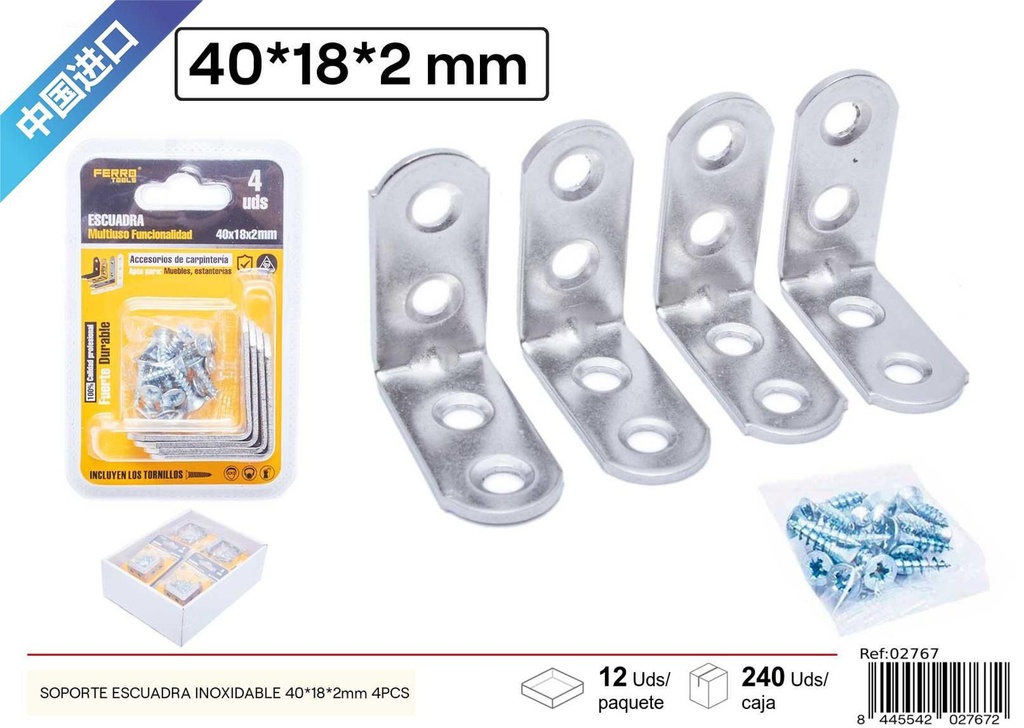 Soporte escuadra de acero inoxidable 40x16x2mm (4 piezas) - Accesorios de ferretería