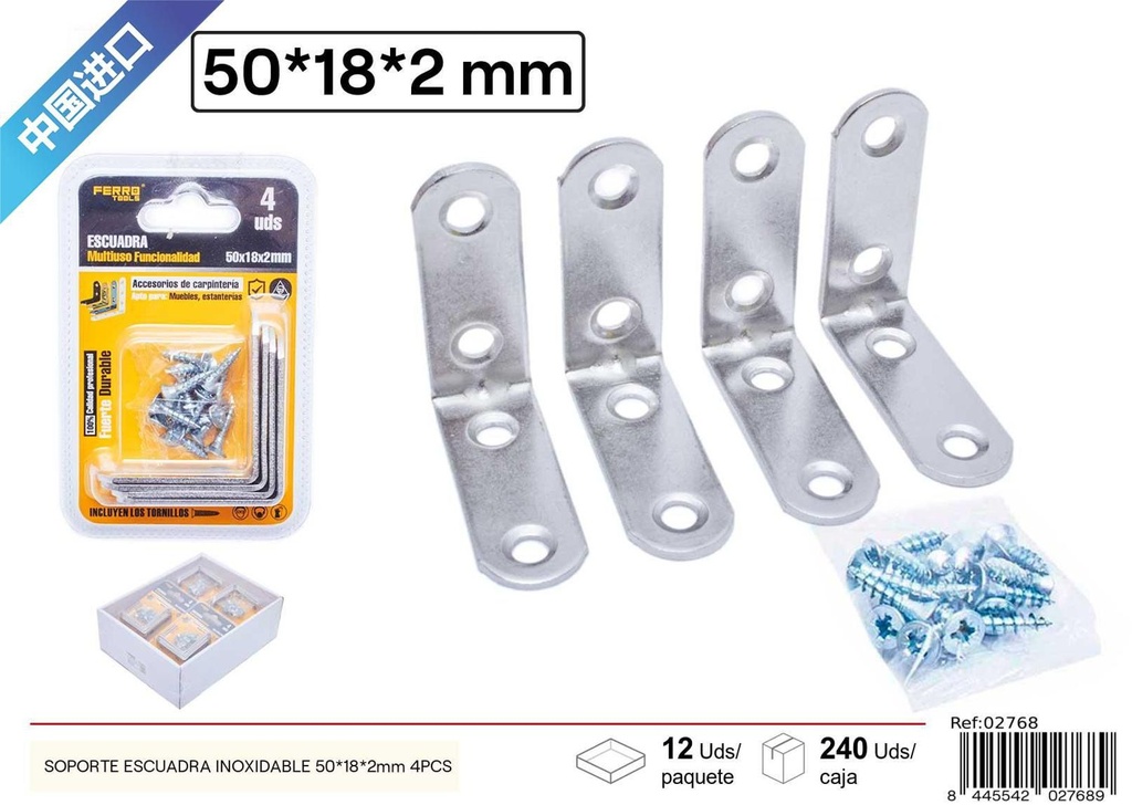 Soporte escuadra inoxidable 50 x 18 x 2 mm (4 pcs) - Accesorios de ferretería