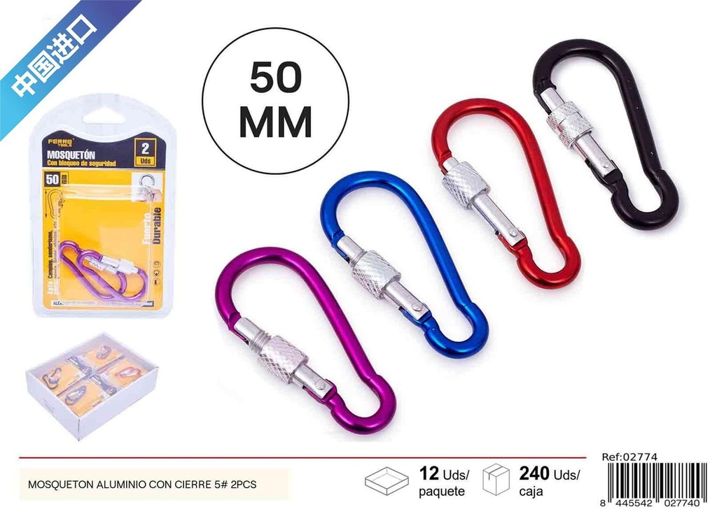 Mosquetón de aluminio con cierre 5# 2 piezas para acampada y senderismo
