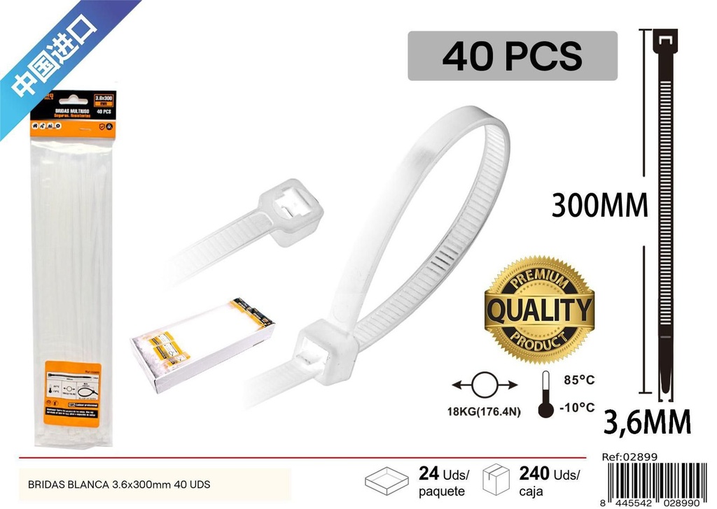 Bridas Blancas 40Pcs 3.6 x 300mm - Accesorios de Ferretería
