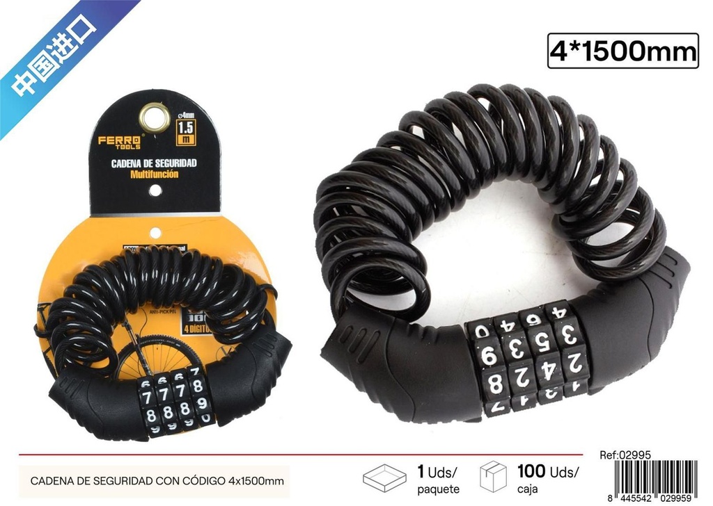 Cadena de seguridad con código 4x1500mm - Accesorios de bicicleta