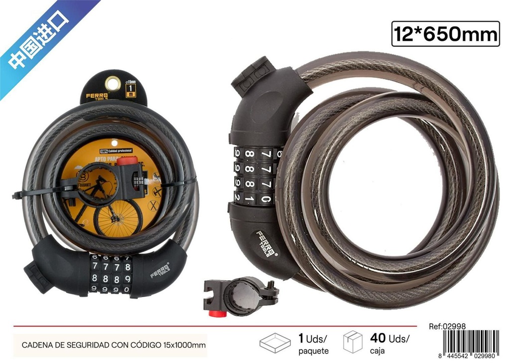Cadena de seguridad con código 15x1000mm - Accesorios para bicicletas