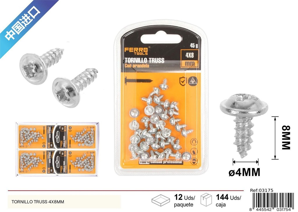 Tornillo Truss autoperforante galvanizado 4x8mm - Accesorios de ferretería