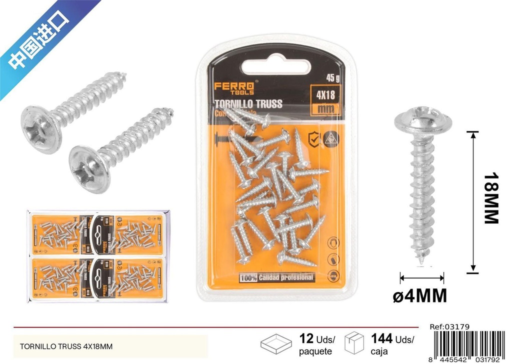Tornillo Truss autoperforante galvanizado 4x18mm - Accesorios de ferretería