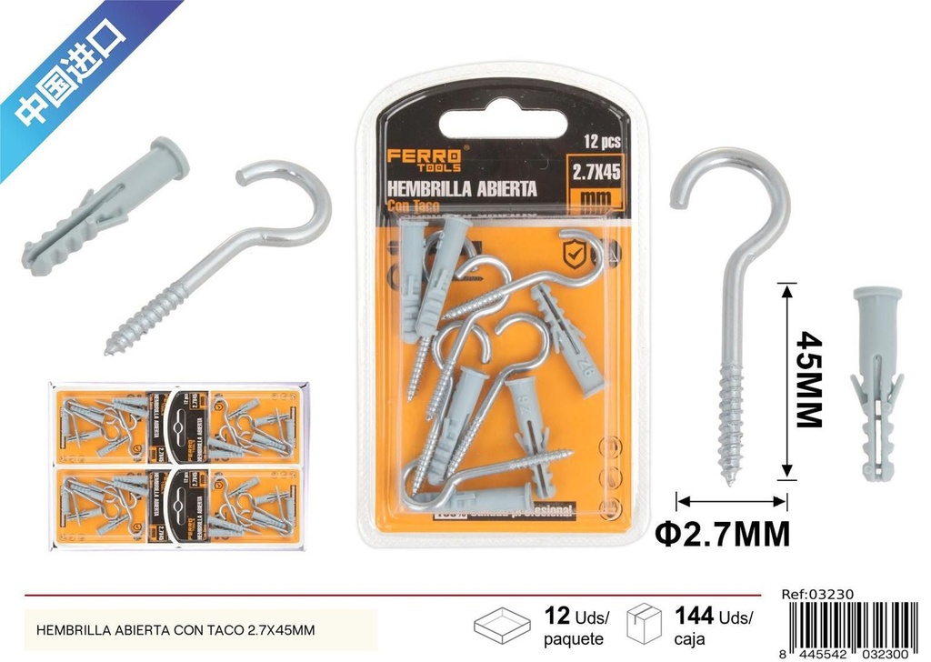 Hembrilla abierta con taco 2.7x45mm - Accesorios de ferretería
