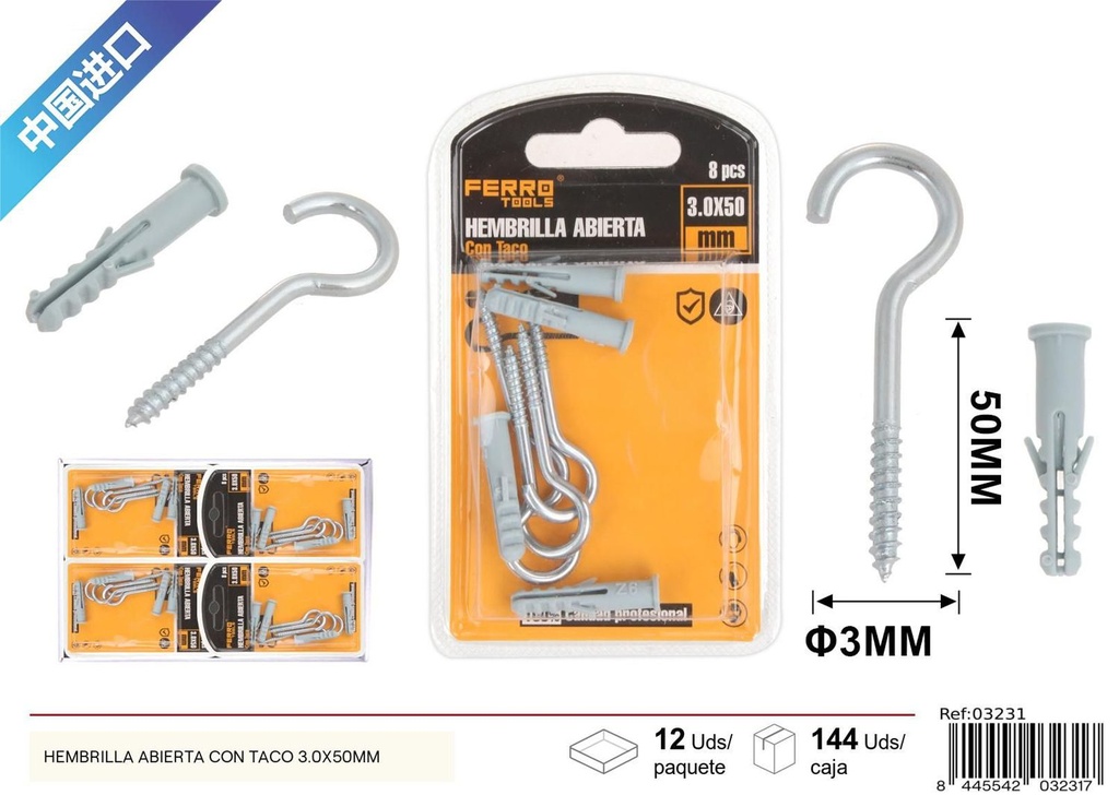 Hembrilla abierta con taco 3.0x50mm - Accesorios de ferretería