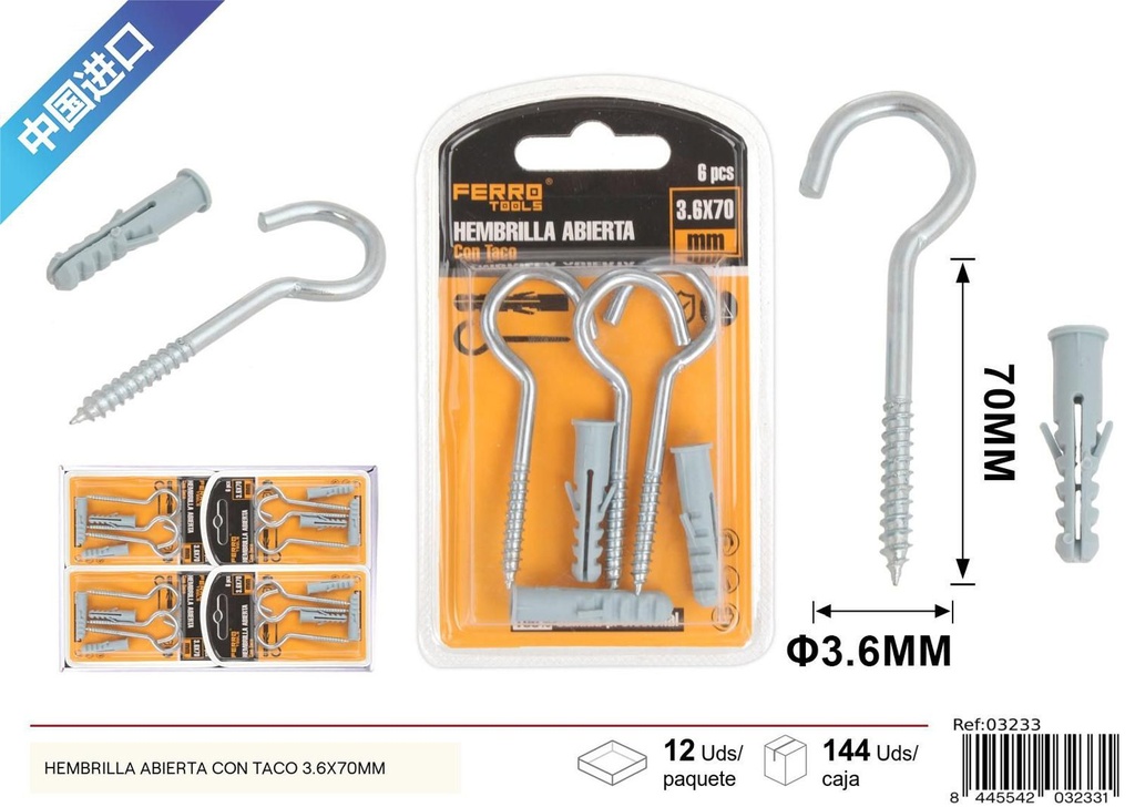 Hembrilla abierta con taco 3.6x70mm - Accesorios de ferretería