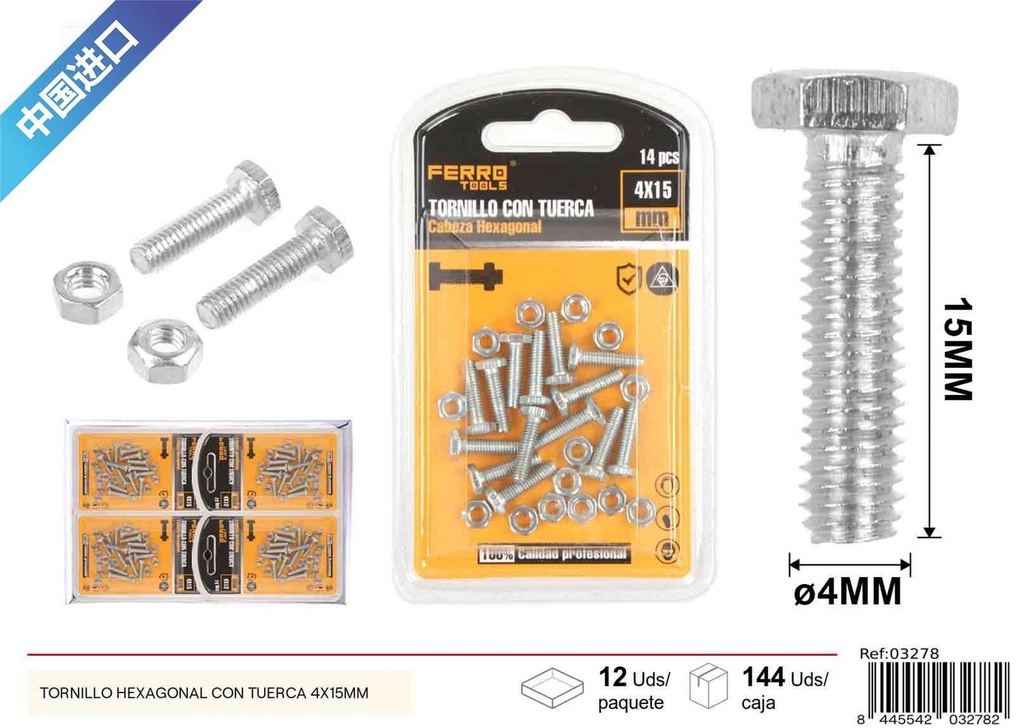 Tornillo hexagonal con tuerca 4x15mm - Accesorios de ferretería