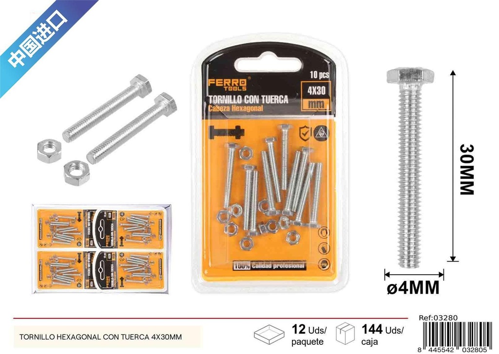 Tornillo hexagonal con tuerca 4x30mm - Accesorios de ferretería