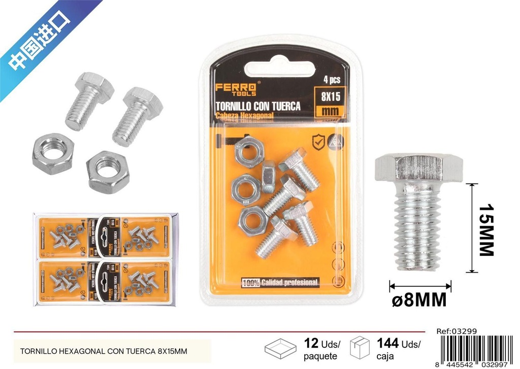 Tornillo hexagonal con tuerca 8x15mm - Accesorios de ferretería