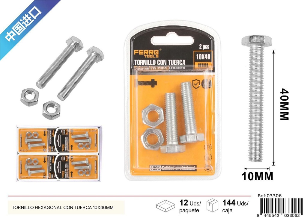 Tornillo hexagonal con tuerca 10x40mm - Accesorios de ferretería