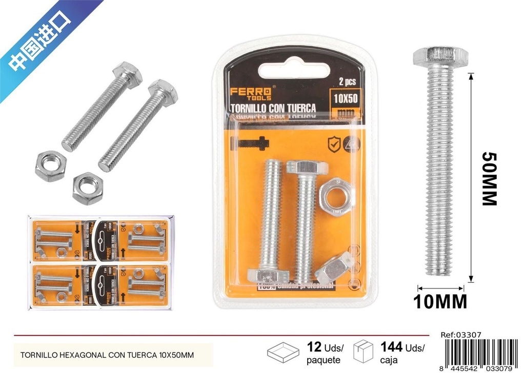 Tornillo hexagonal con tuerca 10x50mm - Accesorios de ferretería
