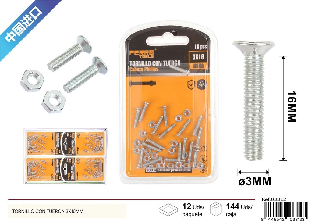 Tornillo con tuerca 3x16mm - Accesorios de ferretería