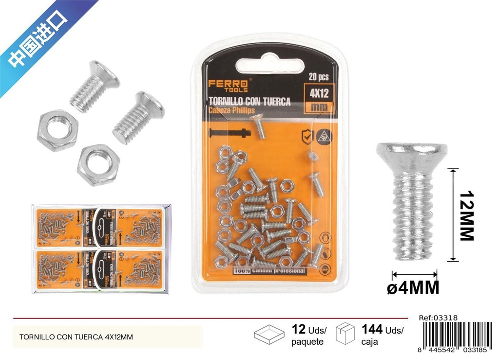 Tornillo con tuerca 4x12mm - Accesorios de ferretería