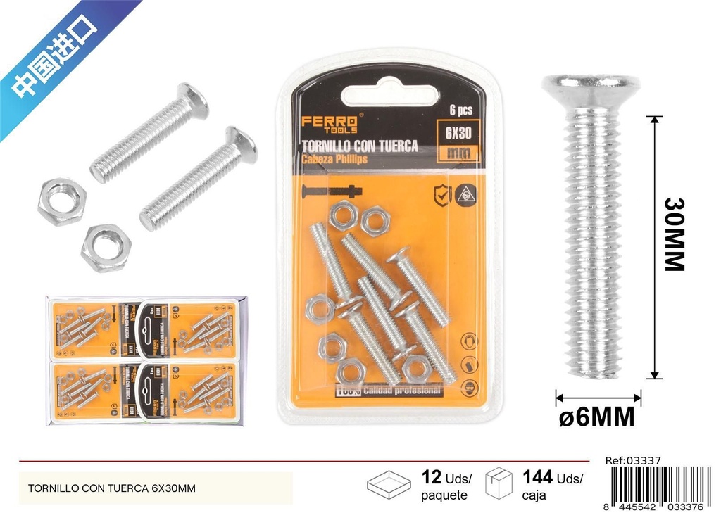 Tornillo con tuerca 6x30mm - Accesorios de ferretería