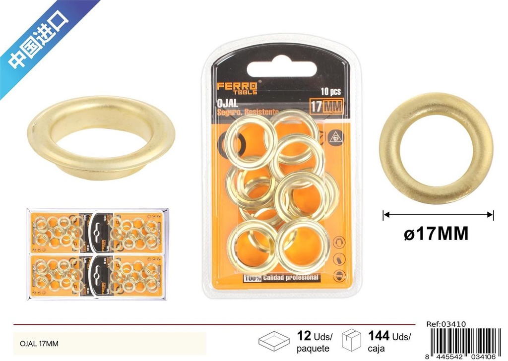 Ojales de metal dorado con cojín 17mm - Ferretería y herramientas