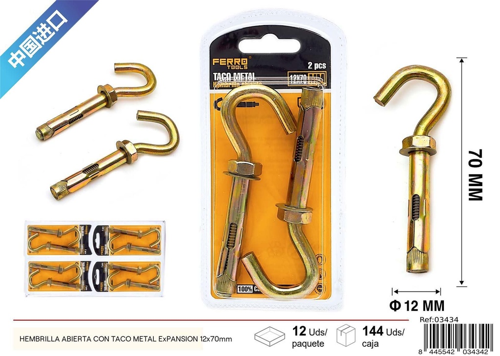 Hembrilla abierta con taco metálico expansión 12x70mm - Accesorios de ferretería