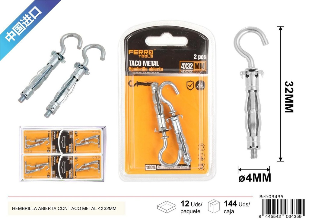 Hembrilla abierta con taco metálico 4x32mm, accesorios de ferretería