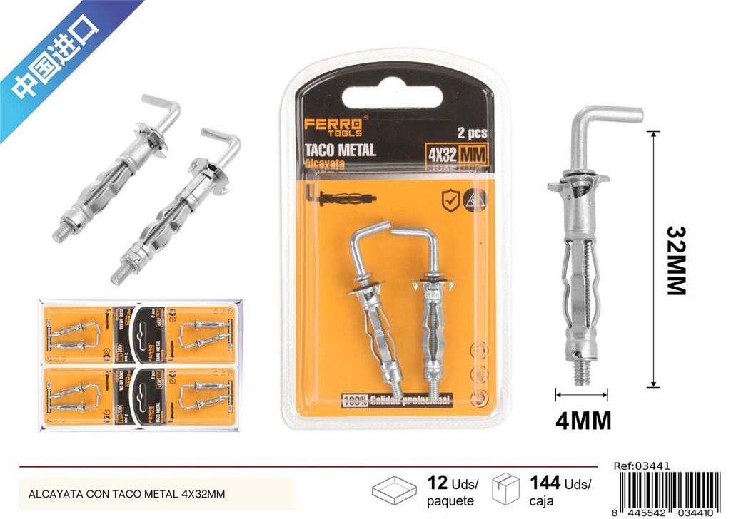 Alcayata con taco metálico 4x32mm, accesorios de ferretería